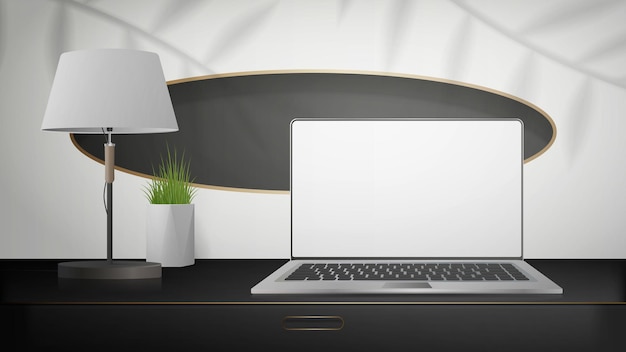 Un laptop con uno schermo bianco si trova su un cordolo nero Layout del posto di lavoro per la visualizzazione di siti, applicazioni, giochi e pubblicità Stile realistico Illustrazione vettoriale