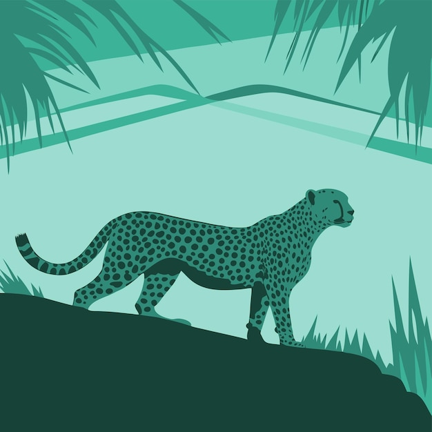 un leopardo è in piedi nell'erba e uno sfondo blu con alberi sullo sfondo