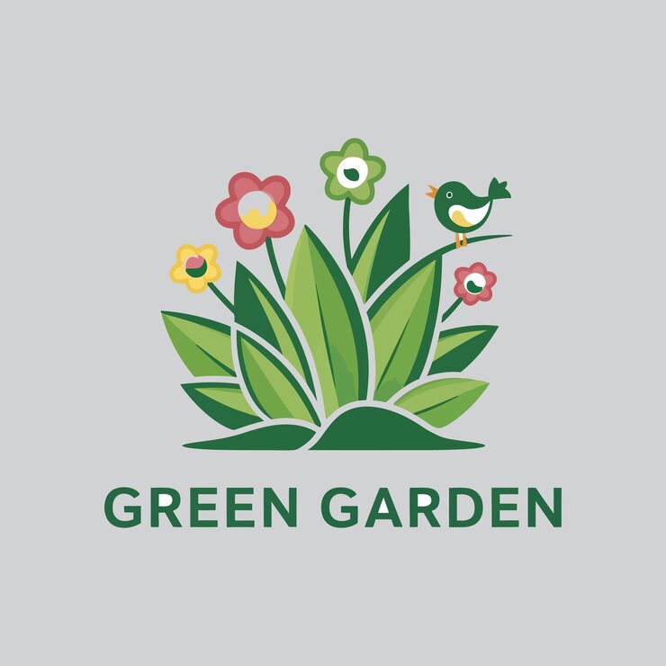 un logo per un giardino verde con fiori e uccelli