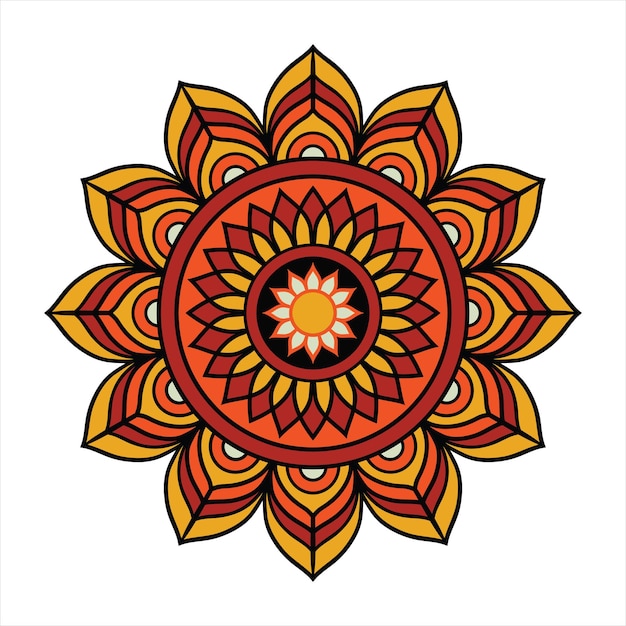 Un mandala colorato con il simbolo del sole in rosso e arancione.