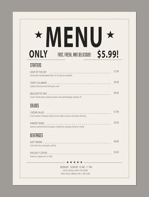 un menu per il menu del ristorante