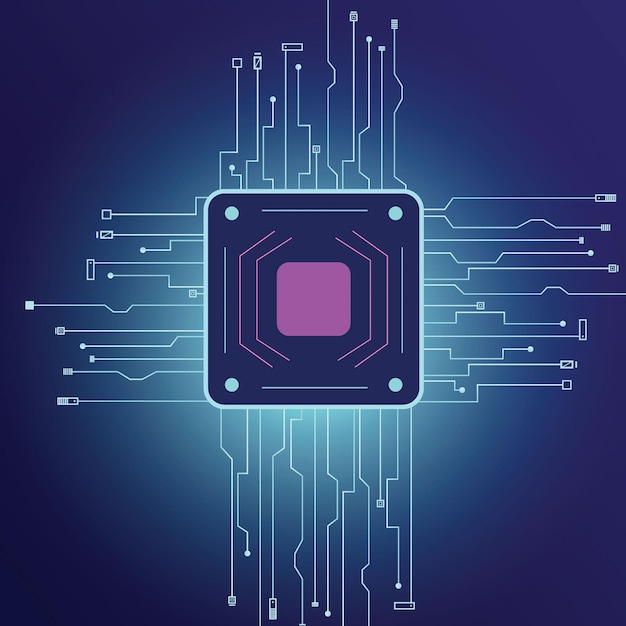 Un microchip futuristico con connessioni luminose perfetto per l'intelligenza artificiale.