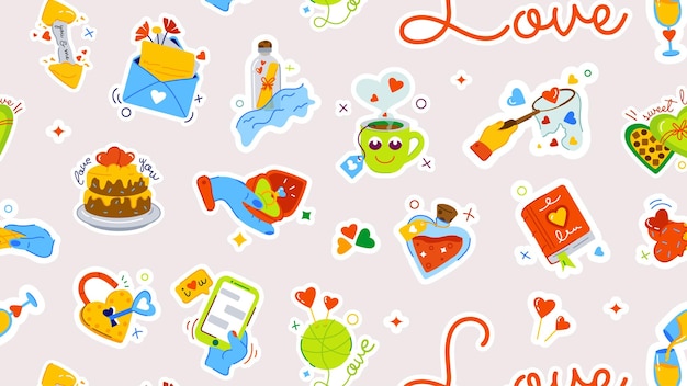 Un modello d'amore piatto che raffigura un messaggio tipografico romantico d'amore e adorabili oggetti di San Valentino