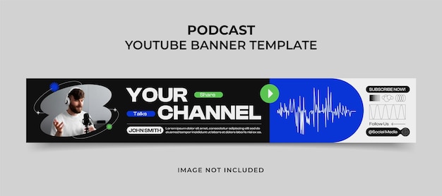 Un modello di banner di YouTube con uno sfondo blu e un testo verde che dice il tuo canale.