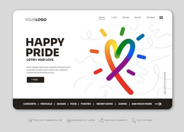 Un modello di pagina di destinazione del giorno dell'orgoglio con un grande colore dell'arcobaleno cuore e piccoli disegni divertenti