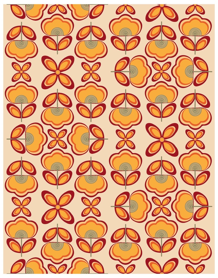 Vettore un modello florale retro fiori arancioni e rossi con foglie su uno sfondo beige chiaro