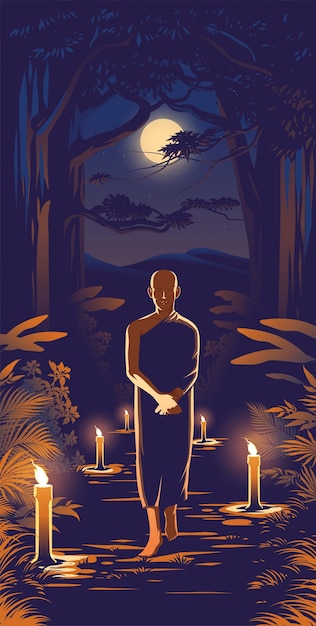 Un monaco Theravada sta praticando la meditazione con il metodo del movimento nella foresta di notte per sbarazzarsi della passione della paura nella sua mente