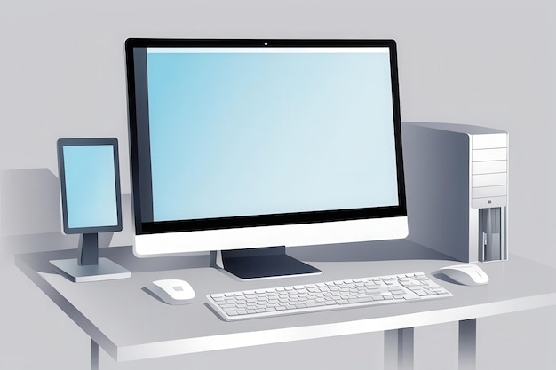 un monitor computer bianco con uno sfondo blu con una tastiera e un mouse bianchi