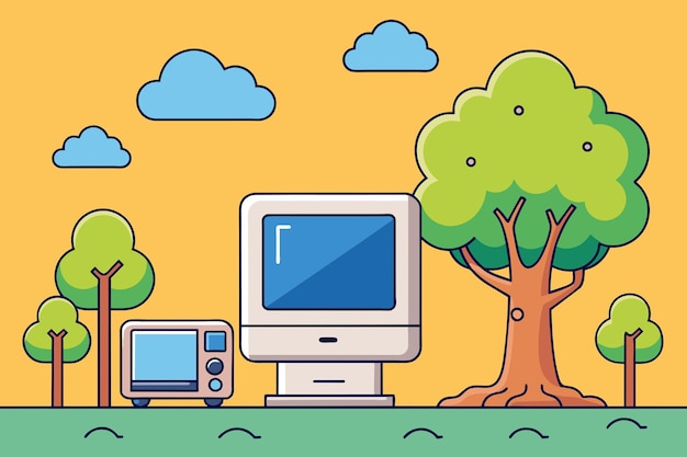 un monitor computer con un albero e un monitor in cima