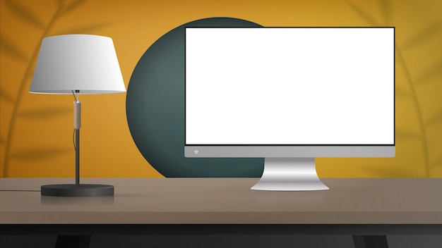 Un monitor con uno schermo bianco si trova su un tavolo di legno Una stanza gialla realistica con un design elegante Banner pronto per la tua pubblicità Vector