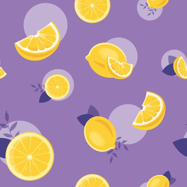 Un motivo senza cuciture di limoni e limoni su uno sfondo viola.