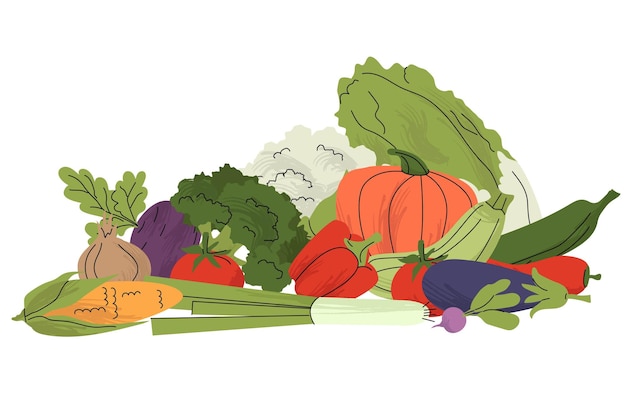 Un mucchio colorato di verdure fresche tra cui zucca, melanzane, lattuga di mais e pomodori in stile piatto