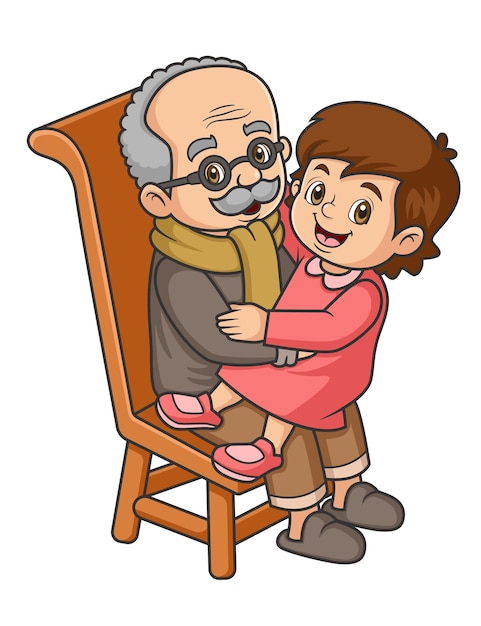 un nonno si siede su una sedia mentre racconta una storia a sua nipote