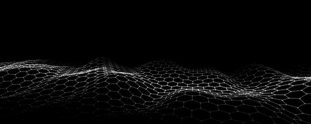Un'onda esagonale futuristica astratta con punti in movimento Un flusso di particelle Illustrazione tecnologica Illustrazione vettoriale