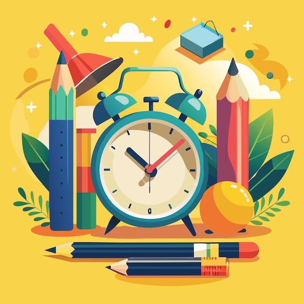 un orologio con una matita e una penna e una scatola di matite