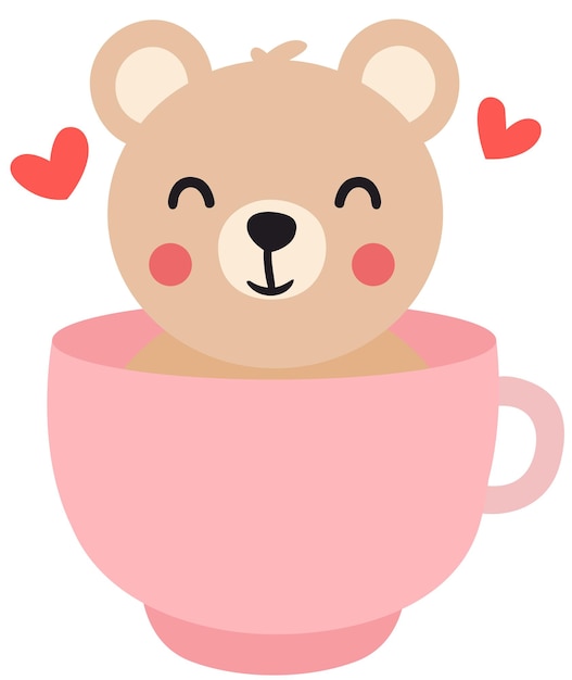 Un orsacchiotto amorevole in una tazza rosa con dei cuori.