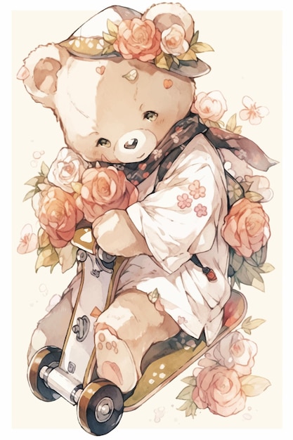 Un orsacchiotto con un cappello e dei fiori sopra