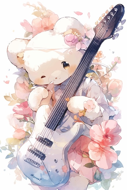 Un orsacchiotto tiene in mano una chitarra davanti a dei fiori.