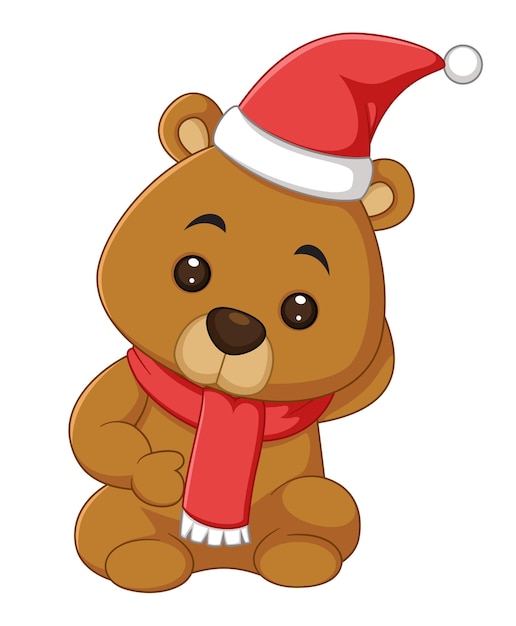 Un orso carino con la sciarpa rossa e il cappello di Babbo Natale posa allegramente