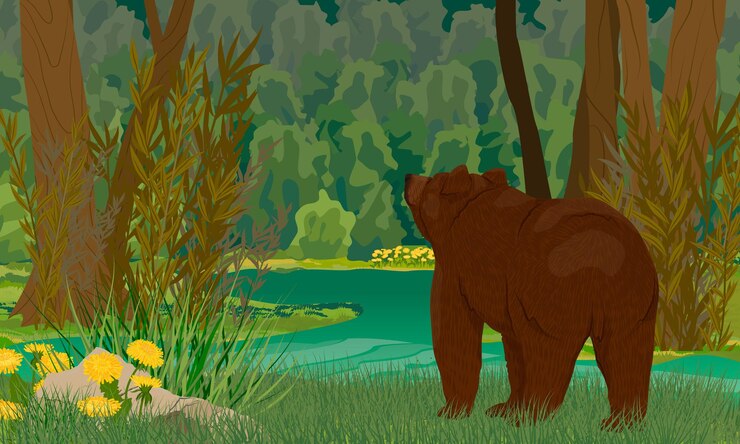 Vettore un orso marrone si trova sulla riva di una palude in una fitta foresta buia paesaggio vettoriale realistico.