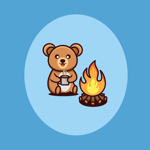 Un orso sta bevendo una tazza di cioccolata calda accanto a un falò.
