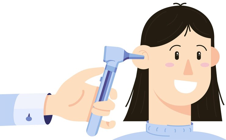 Un otorinolaringoiatra che controlla i canali uditivi di una giovane donna di Otoscope Illustration in uno stile piatto