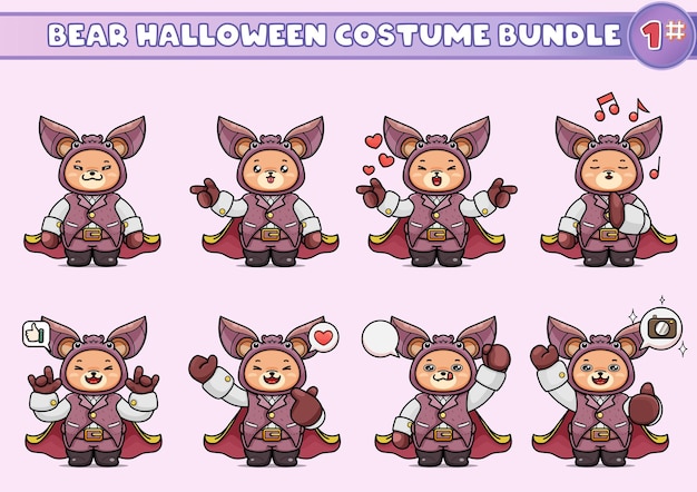 Un pacchetto di illustrazioni di simpatici orsi in costumi da pipistrello vampiro, adatti per i contenuti di Halloween