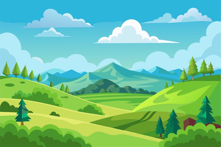 Vettore un paesaggio con montagne e alberi