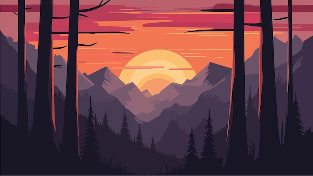un paesaggio di montagna con un tramonto sullo sfondo