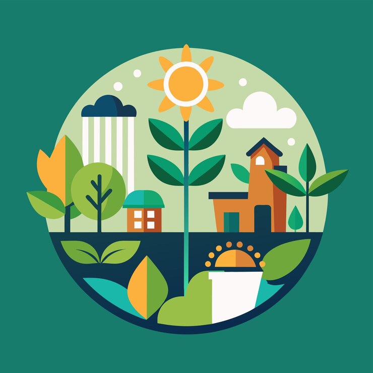 Vettore un paesaggio urbano caratterizzato da vegetazione con alberi e vari edifici che creano un ambiente urbano armonioso giardino moderno con forme geometriche e design minimalista