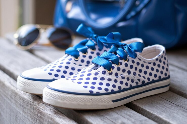 Vettore un paio di scarpe blu e bianche con un arco blu sul fondo