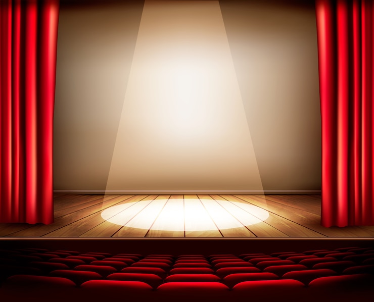 Vettore un palcoscenico teatrale con un sipario rosso, sedili e un riflettore.