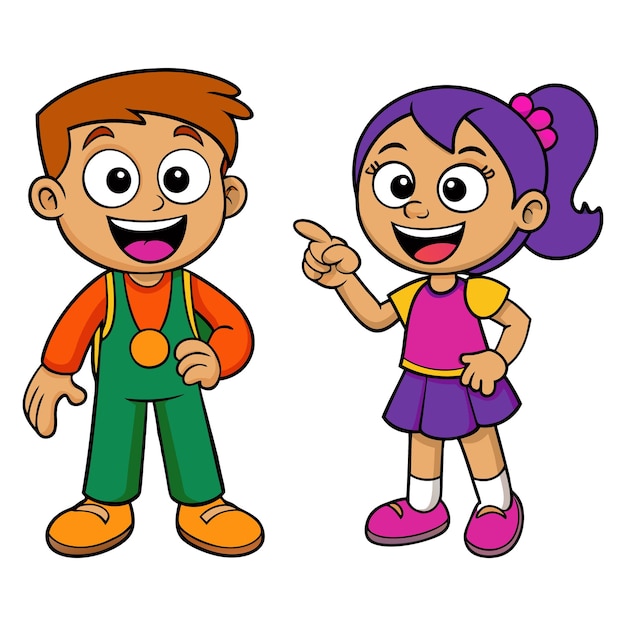 un personaggio di cartone animato e una ragazza con un grembiule verde e una ragazza Con una camicia viola che dice la parola