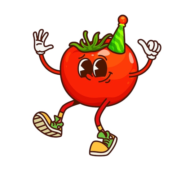 Un personaggio vegetale di pomodoro alla festa.