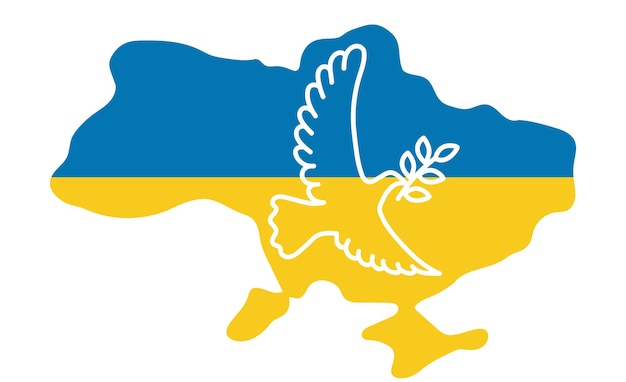 Un piccione giallo blu vola Un simbolo di pace a sostegno dell'Ucraina Illustrazione vettoriale lineare con una mappa dell'Ucraina