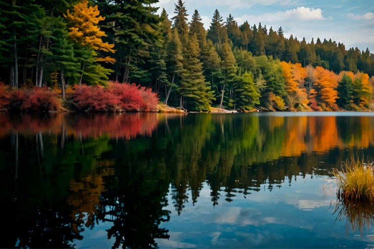 Vettore un ponte nel mezzo di un lago con un riflesso di alberi nell'acqua