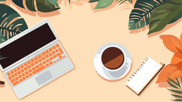 Vettore un portatile e una tazza di caffè su un tavolo con un libro e una tazzina di caffè