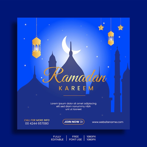 Un poster blu con sopra le parole Ramadan Kareem