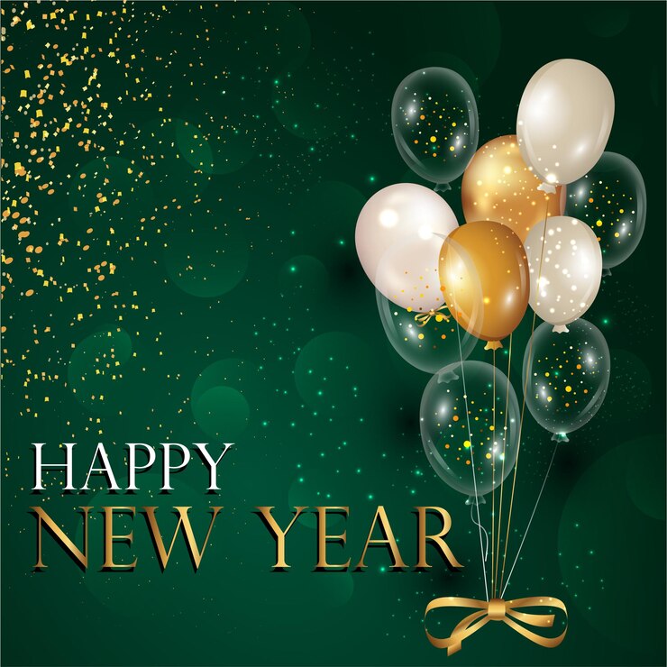 un poster con palloncini e uno sfondo verde con un nastro d'oro e un arco d'oro