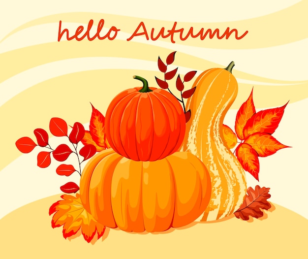 Un poster con zucche e foglie d'autunno Disegno di raccolto stagionale per le congratulazioni Banner vettoriale