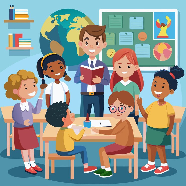 Vettore un poster di bambini che leggono un libro con una mappa del mondo sullo sfondo