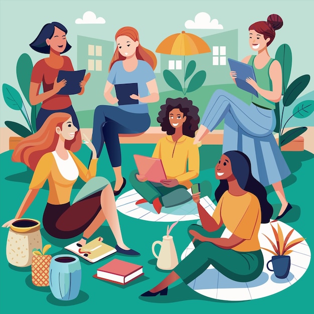 un poster di donne che leggono libri in un giardino