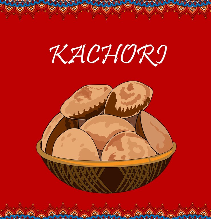 Un poster di kachori con un cesto di pane