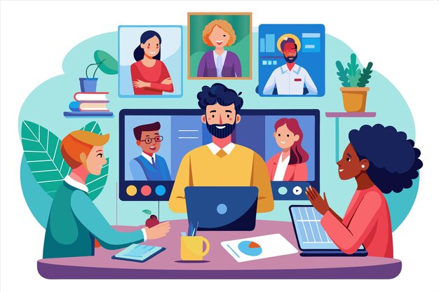 un poster di persone che lavorano con un computer con un uomo in una camicia gialla
