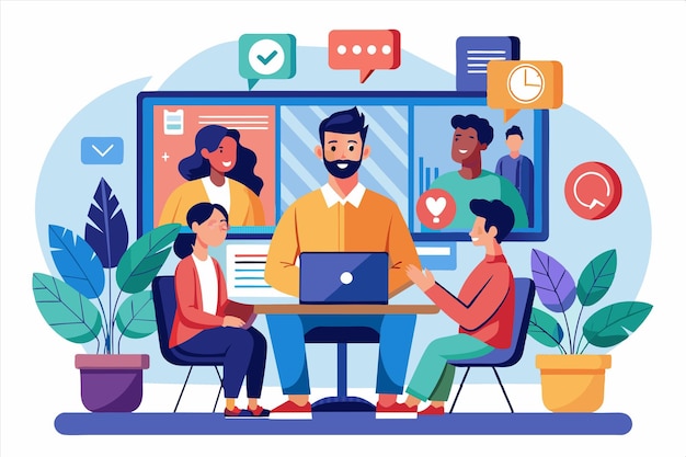 un poster di persone in una riunione con un uomo che lavora su un laptop