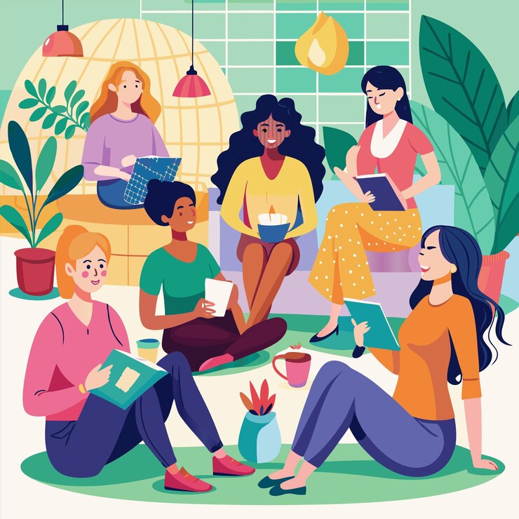 Vettore un poster di un gruppo di donne con libri e un'immagine di un grupo di persone