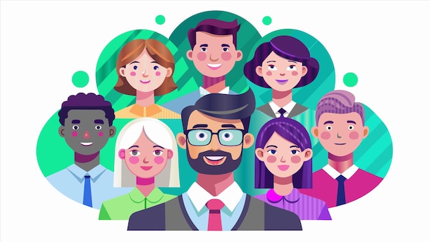 un poster di un uomo con molte facce e un gruppo di persone