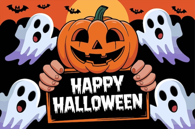 un poster per Halloween con una zucca e le parole Happy Halloween su di esso