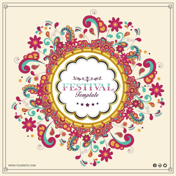 Un poster per il festival con un cerchio e le parole festival floreale con modello di cornice dorata