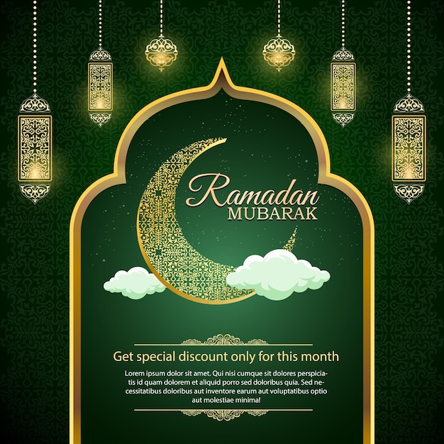 Un poster per il ramadan mubarak con sfondo oro e verde